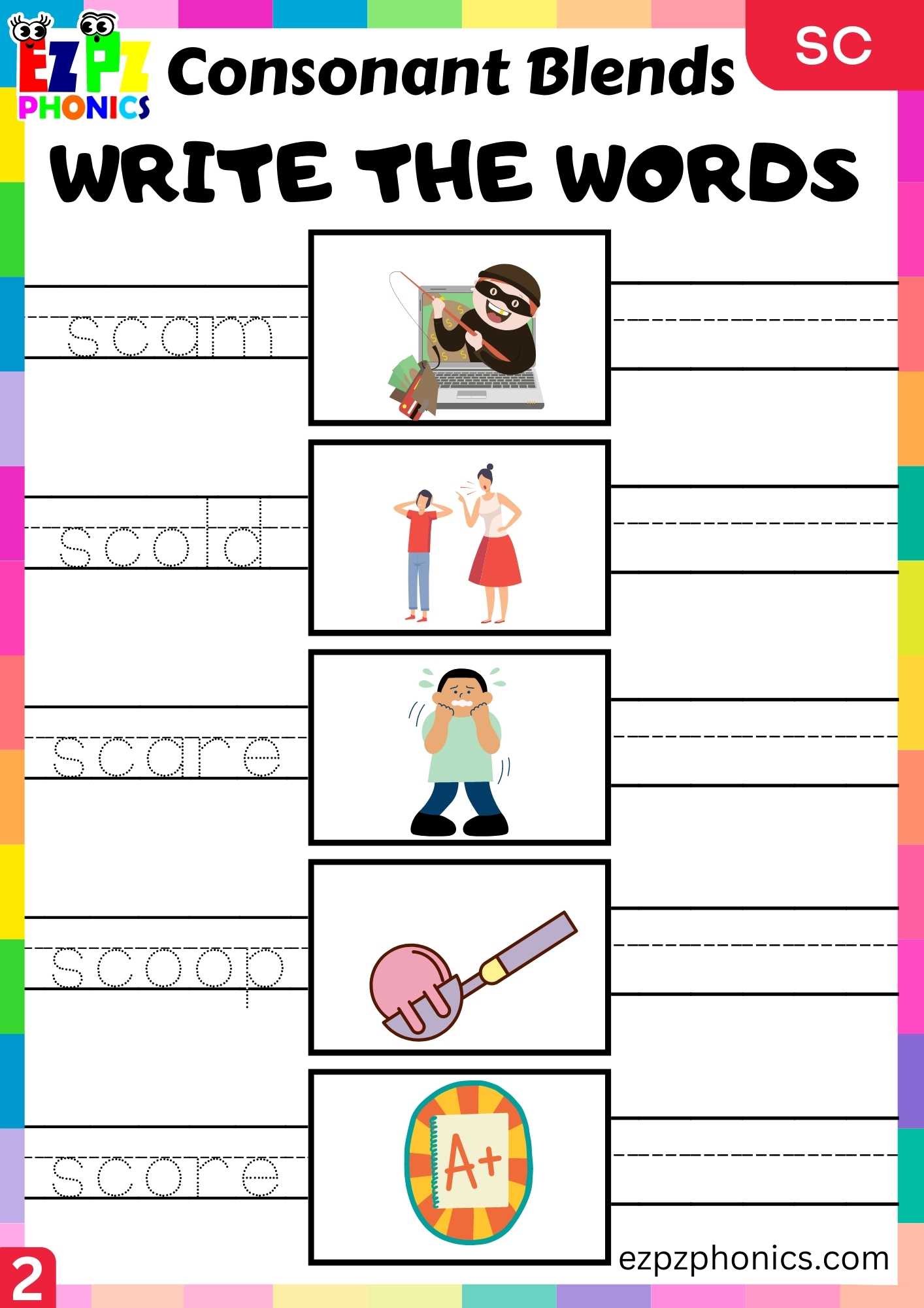 Group2 SC Words Write The Words Phonics Consonant Blends Worksheet